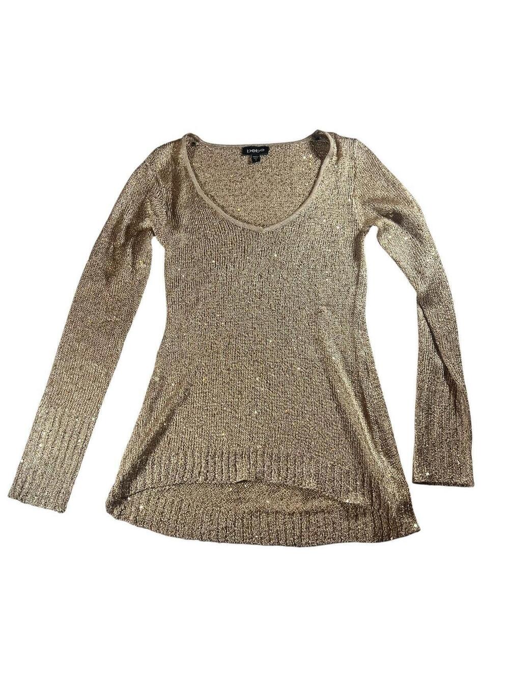 Vintage Bebe Gold Metallic V Neck Knit Sweater